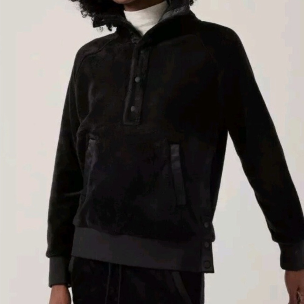 Athleta Women’s Cozy Karma Recover Snap Sherpa Sweatshirt top Black, XL